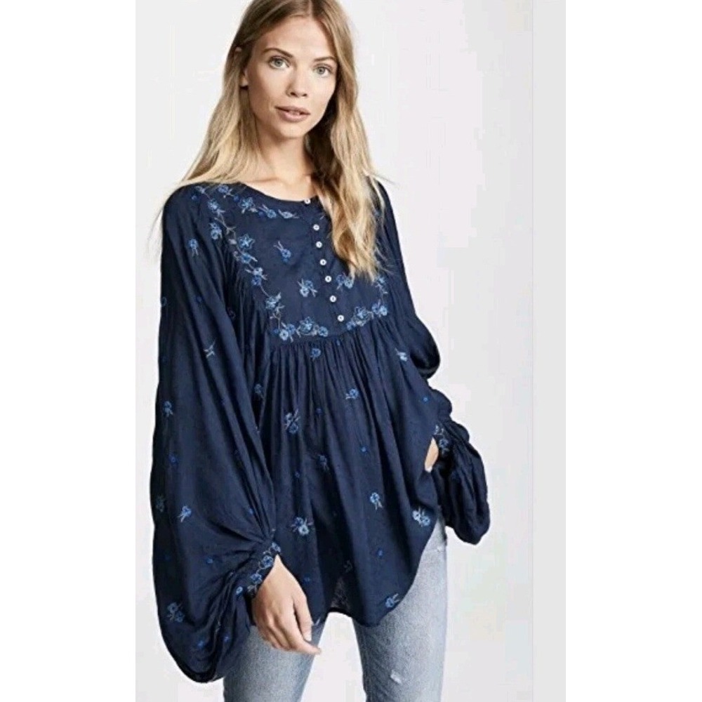 Free People Boho Embroidered Tunic Balloon Sleeve Women Small Navy Blue Top